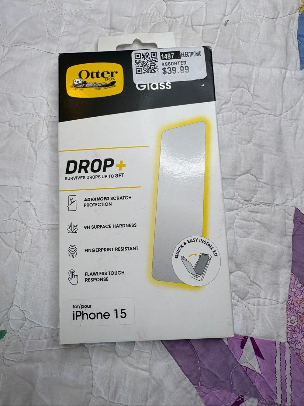 OtterBox Drop+ Glass Screen Protector for iPhone 15 - Clear/Yellow Accent